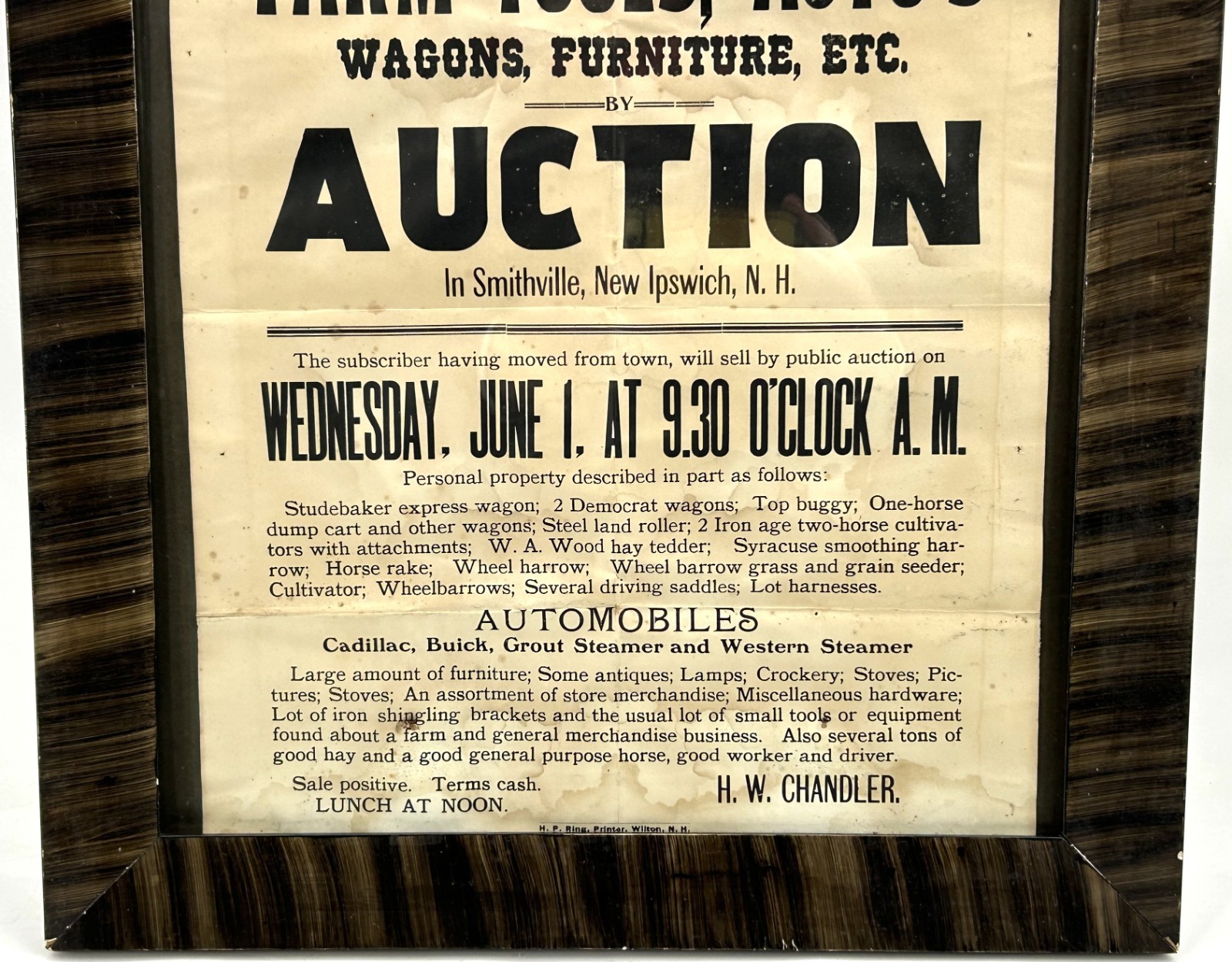 Antique Circa 1912 NEW HAMPSHIRE Auction Advertising Poster Tiger Striped Frame