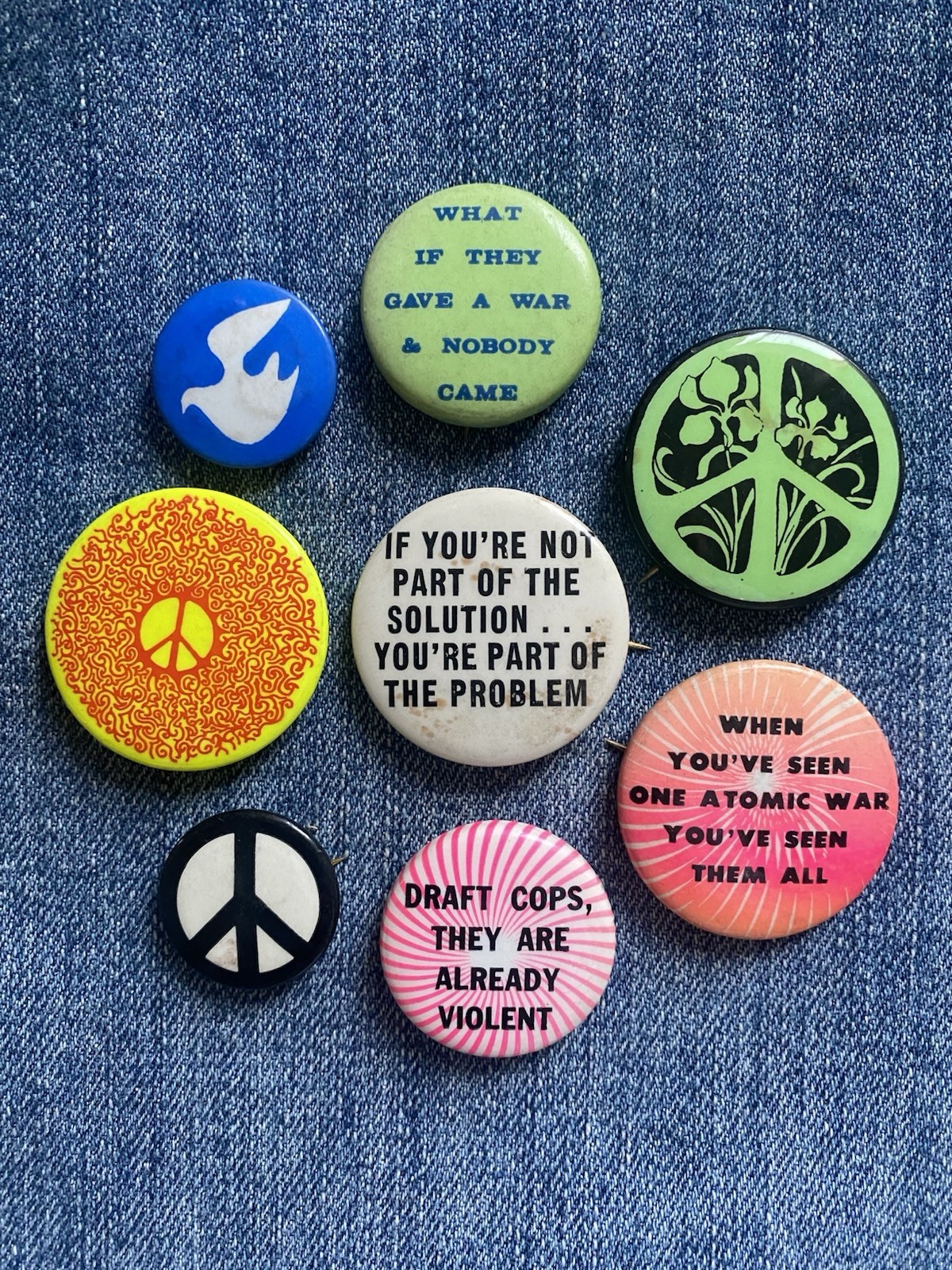 N.O.S. 60's ANTI-WAR,  VIETNAM PEACE PROTEST, 8 Pinback Button Collection