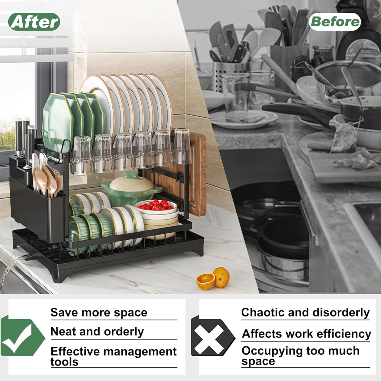 Dish Drying Rack Drainage Tray 2-Tier Stainless Steel Dish Racks Kitchen Shelf