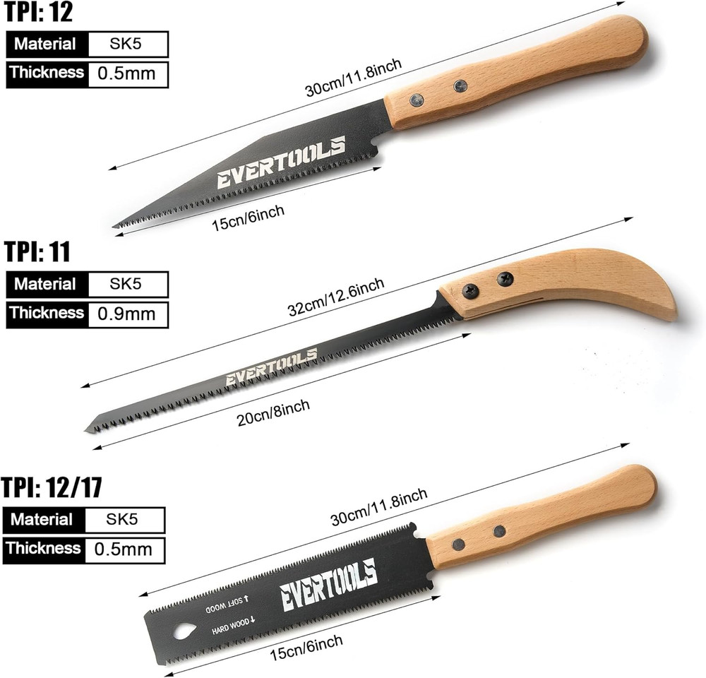 3-Piece Japanese Pull Saw Set Razor Sharp Woodworking Hand Saws Carpentry Tool