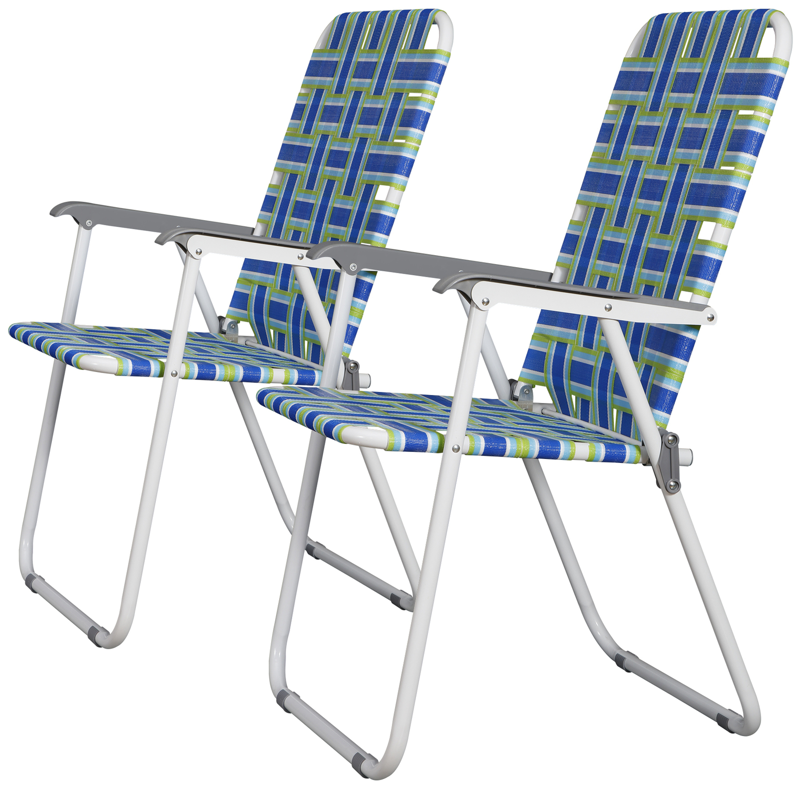 Metal Frame Blue Beach Chairs Set of 2 Webbed Folding Patio Lawn Camping Chairs