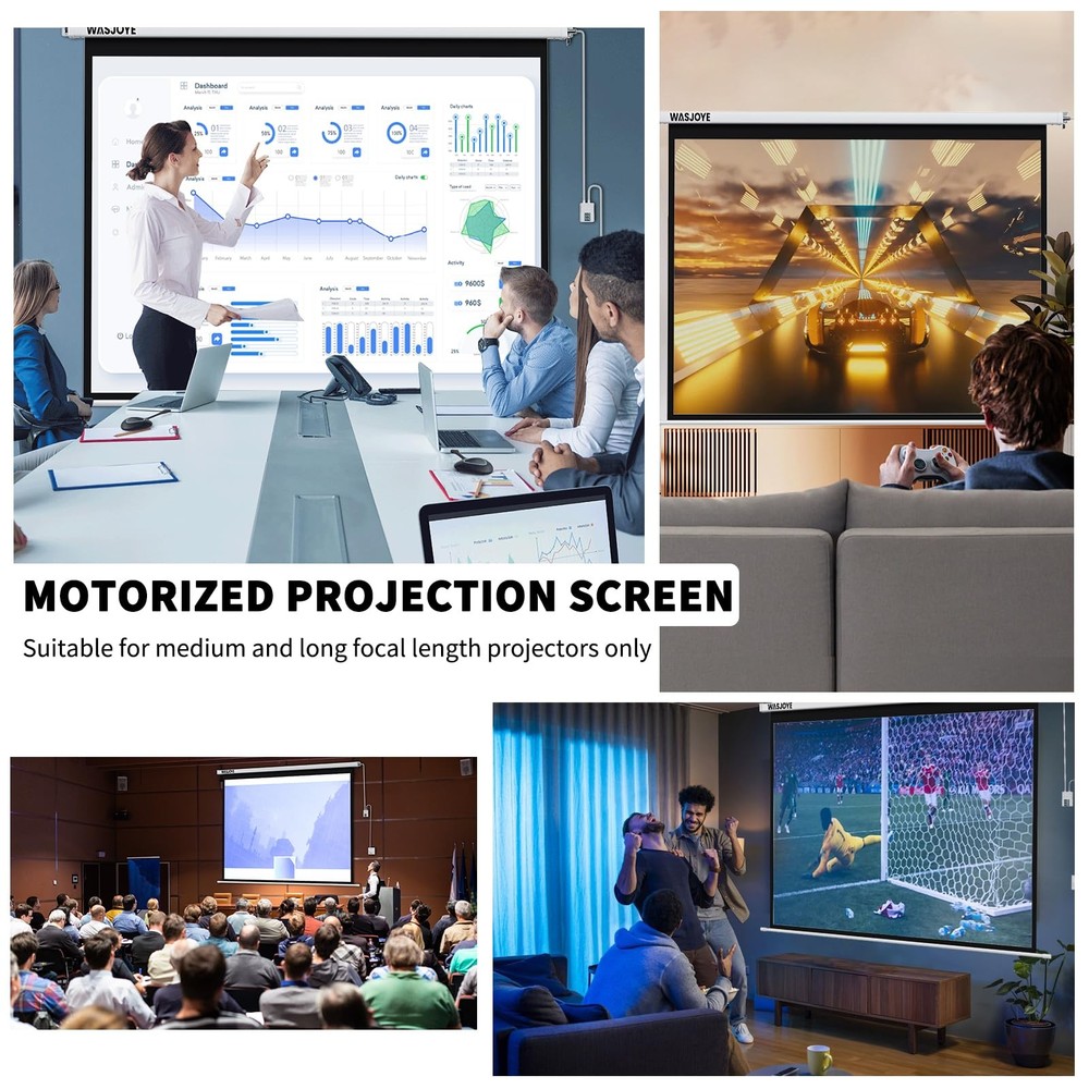 WASJOYE Motorised Projector Screen 100 - 43 Electric Projector Screen Wall/Ce...