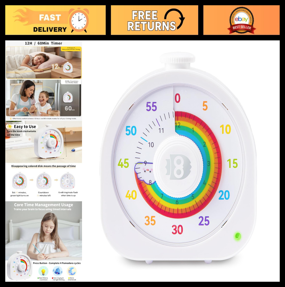 Rainbow Visual Timer for Kids - 60min/12h Magnetic Countdown Timer, Rechargeable