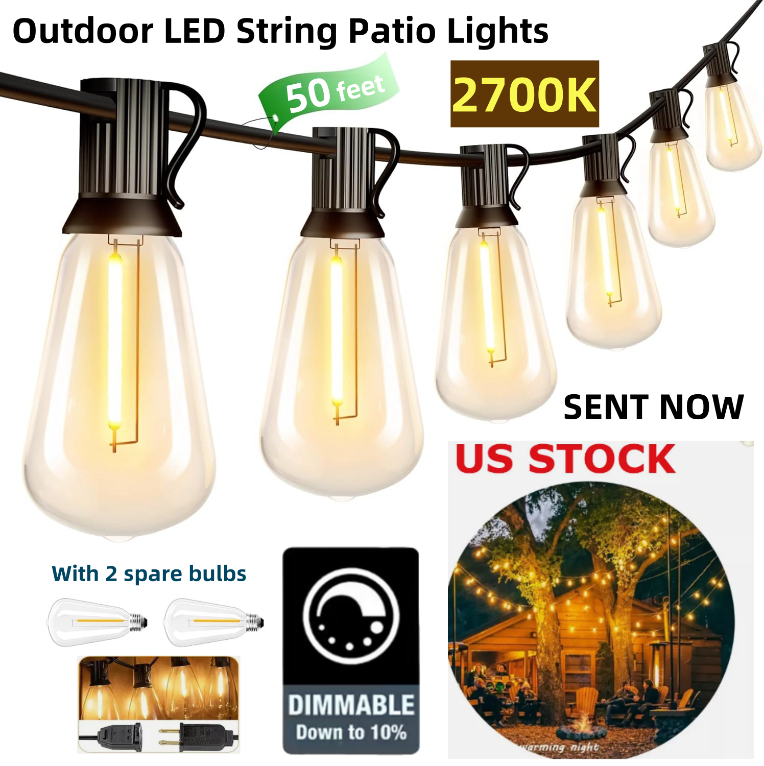 50FT - 500FT LED Outdoor String Lights Dimmable Waterproof ST38 LED Patio Lights