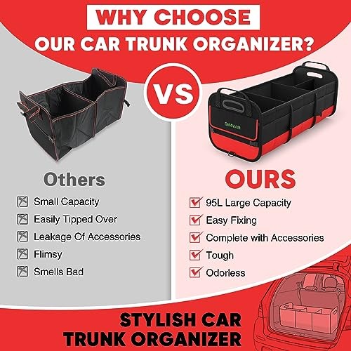 Simniam Large Trunk Organizer for Car, Foldable Multi Compartment Medium Red