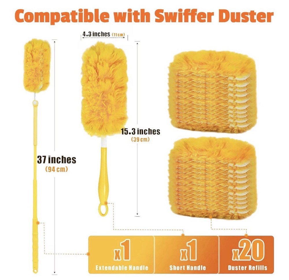 20 Pack Yellow Microfiber Duster Refills with Extendable & Short Handles
