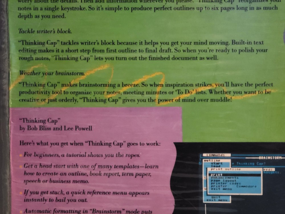 Thinking Cap The Outline Processor by Broderbund for C64 - C128 RARE. UNTESTED