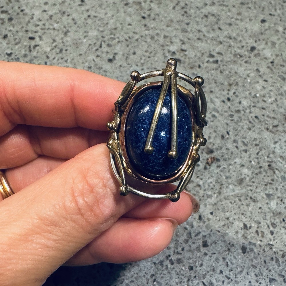 Blue stone artisan abstract adjustable, scroll wrap metal work copper/brass ring