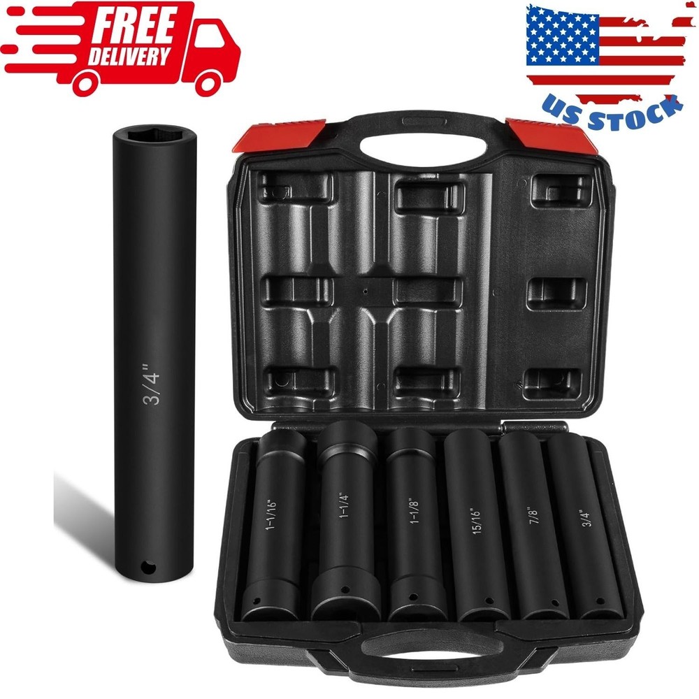 1/2 Inch Drive Extended Length Impact Socket Set 6Pcs, Extra Deep Socket Set Kit