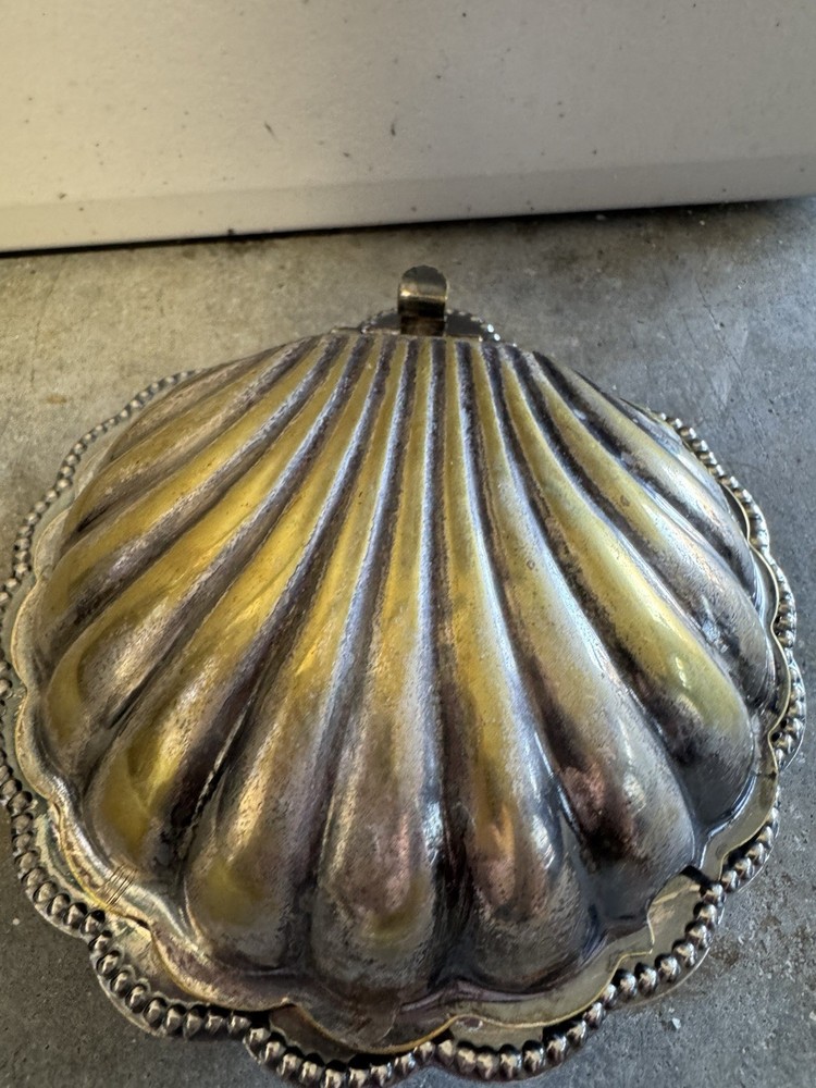 Vtg Silver Plated Leonard Clamshell Condiment Dish Glass Insert. No Knife. 5”