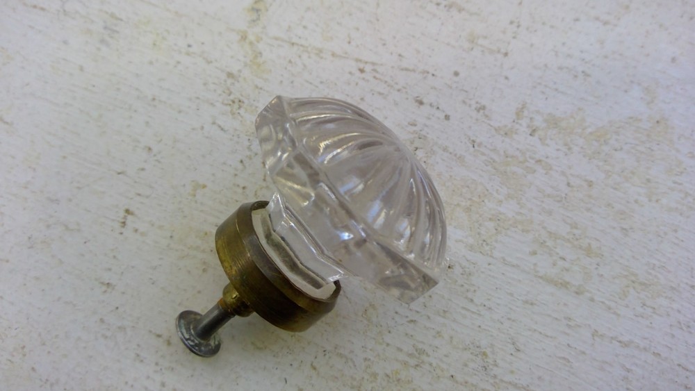 2 VINTAGE CLEAR GLASS OCTAGON 8-SIDED DRAWER PULLS KNOBS W/ BRASS SETTING NICE