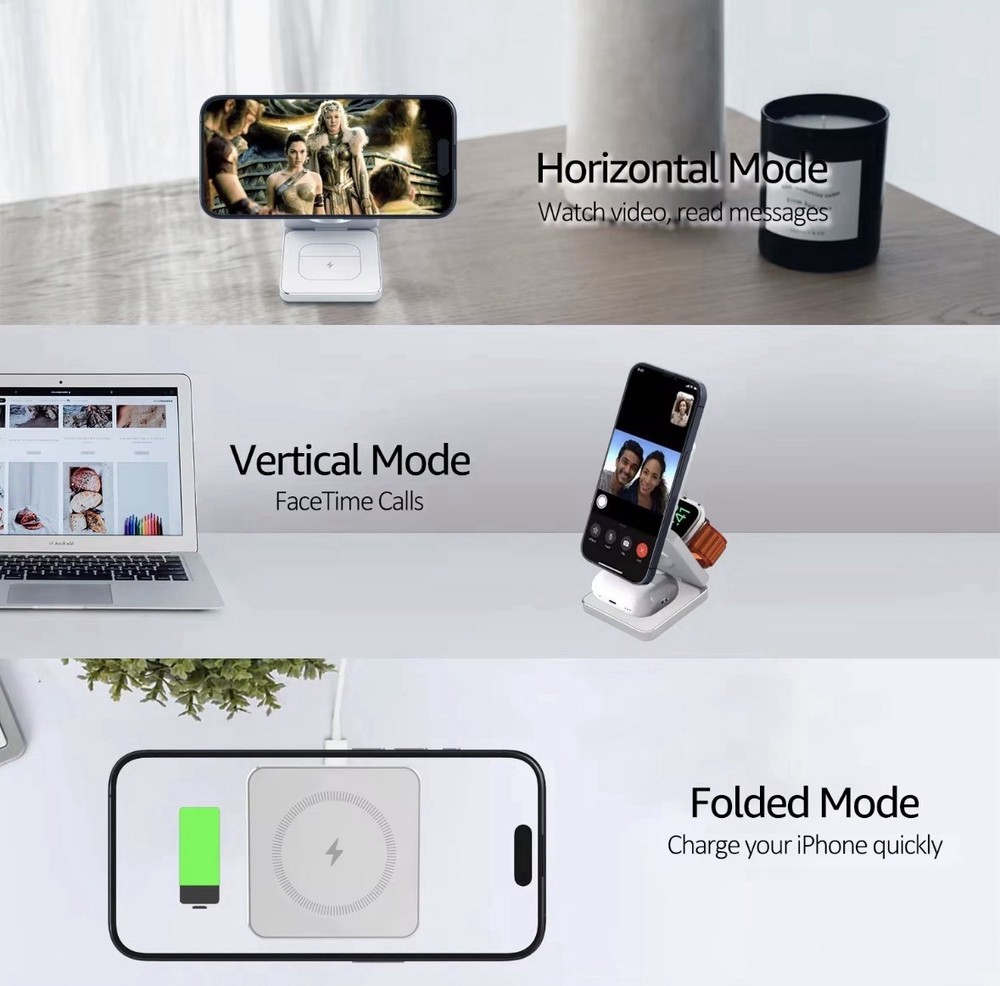 3 in 1 Silver Magnetic Foldable Wireless Fast Charging Stand for iPhone/Samsung