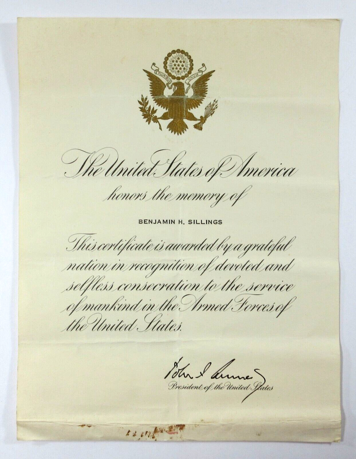 President John F. Kennedy US Navy Memorial Death Certificate Benjamin H Sillings