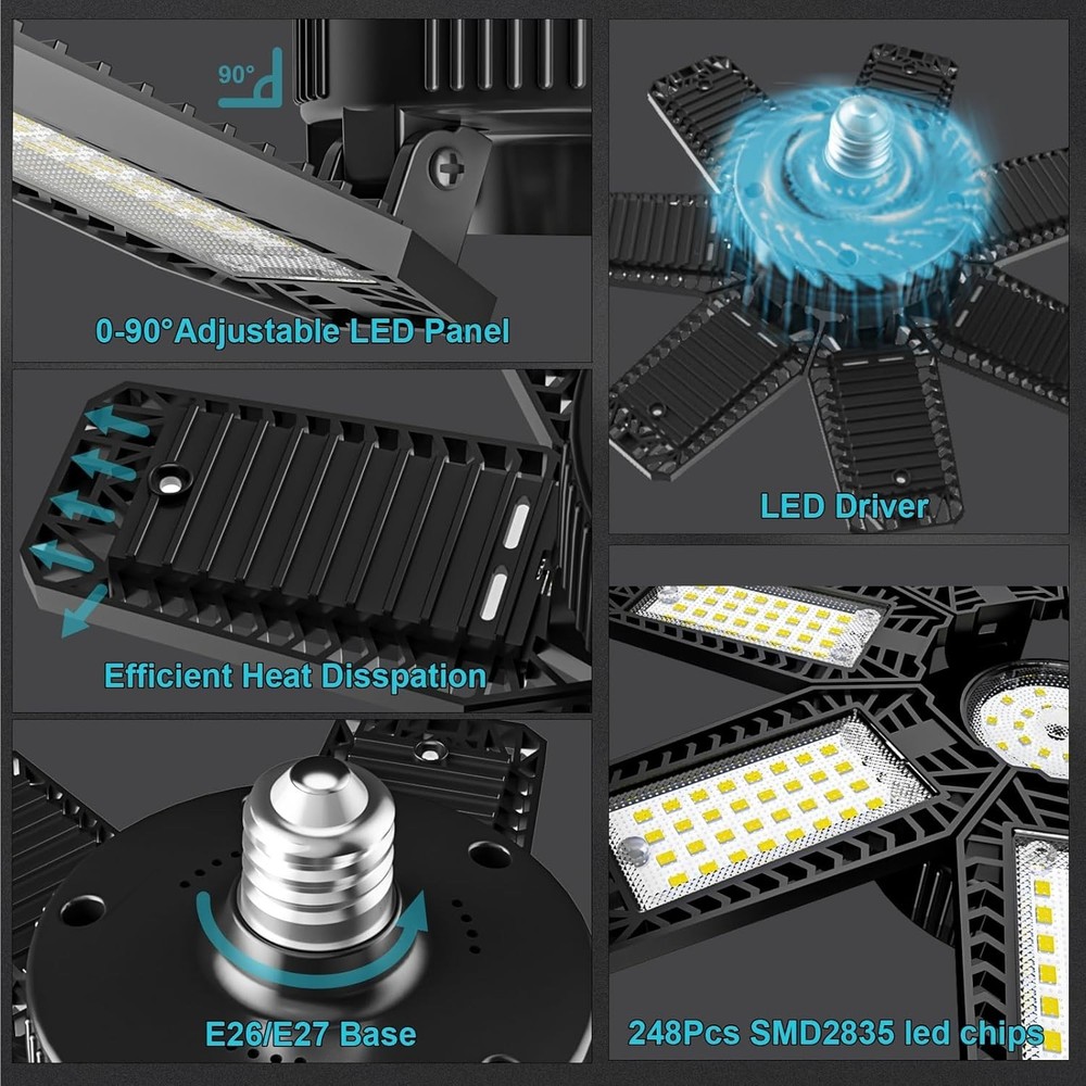 8-Pack 200W LED Garage Lights - 20,000LM, 6500K Adjustable Panels (E26/E27)