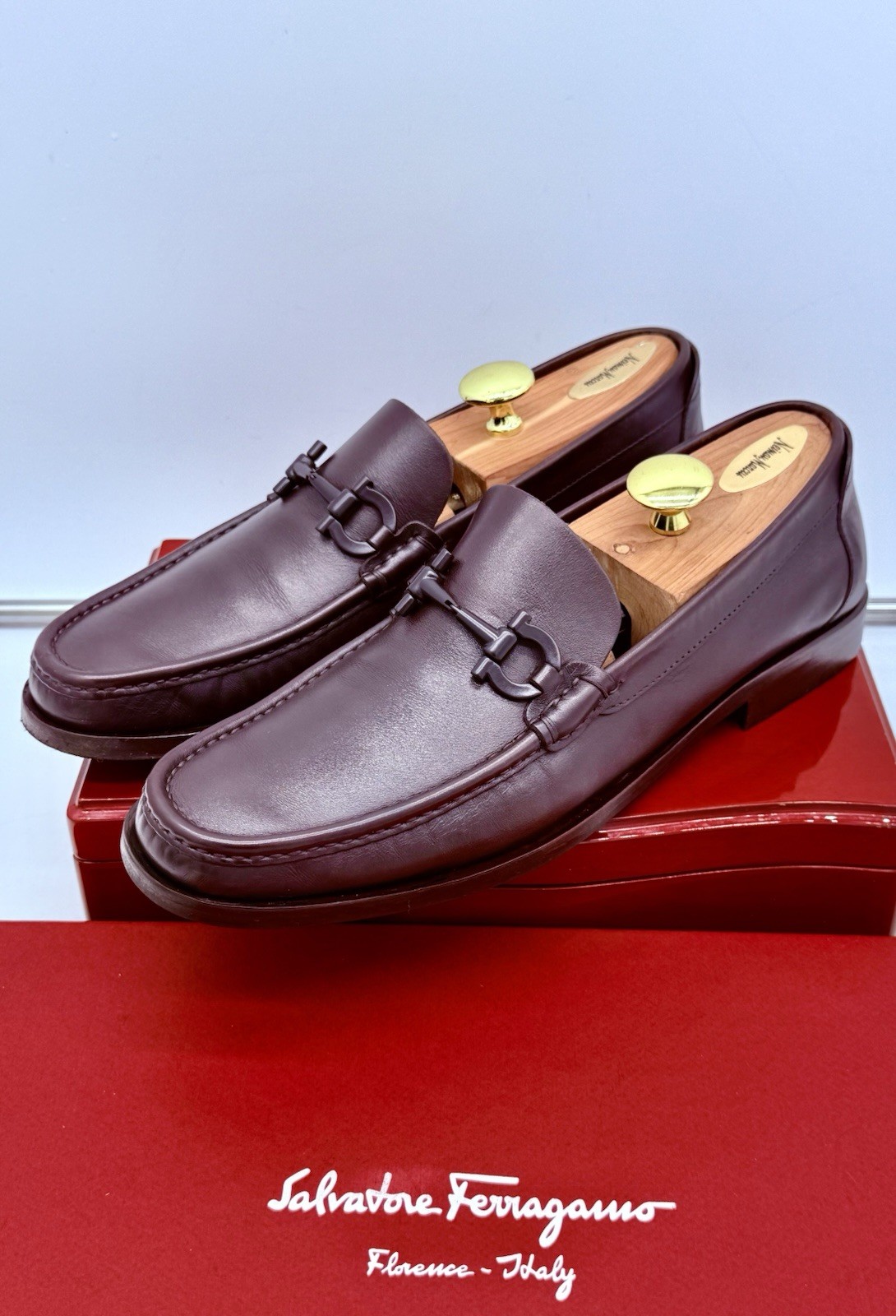 Ferragamo Mens Brown Loafers 10 Gancini Horse Bit Leather Luxe Shoes