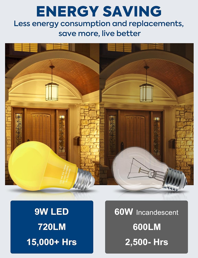 Yellow Bug Light Bulbs Outdoor, A19 LED 9W Amber Yellow, E26 Base, 4 Pack
