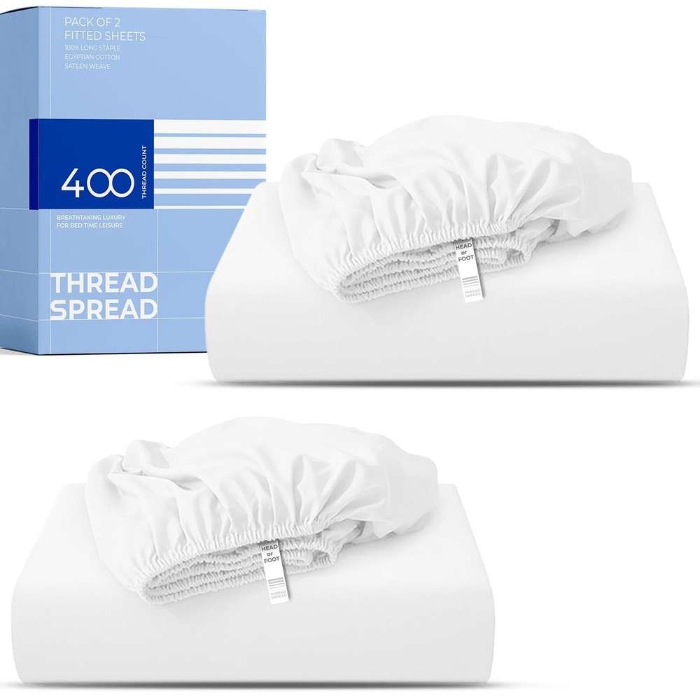 THREAD SPREAD 100% Cotton Full Size Fitted Sheets Pack of 2-400 Thread Count 16"