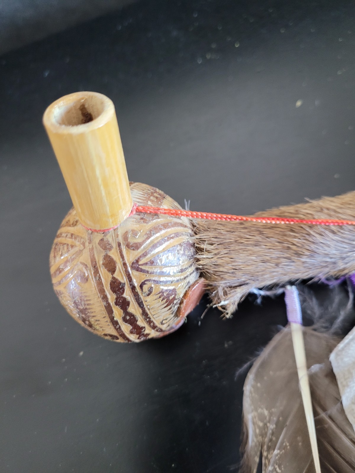 Vtg Native American Navajo Talking Ceremonial Stick Turkey Feather Deer Fur