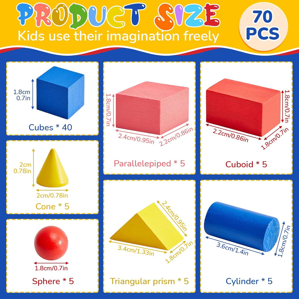 70 Pcs Wood Geometric Solid Mini 3D Shapes for Teaching Classroom Manipulatives