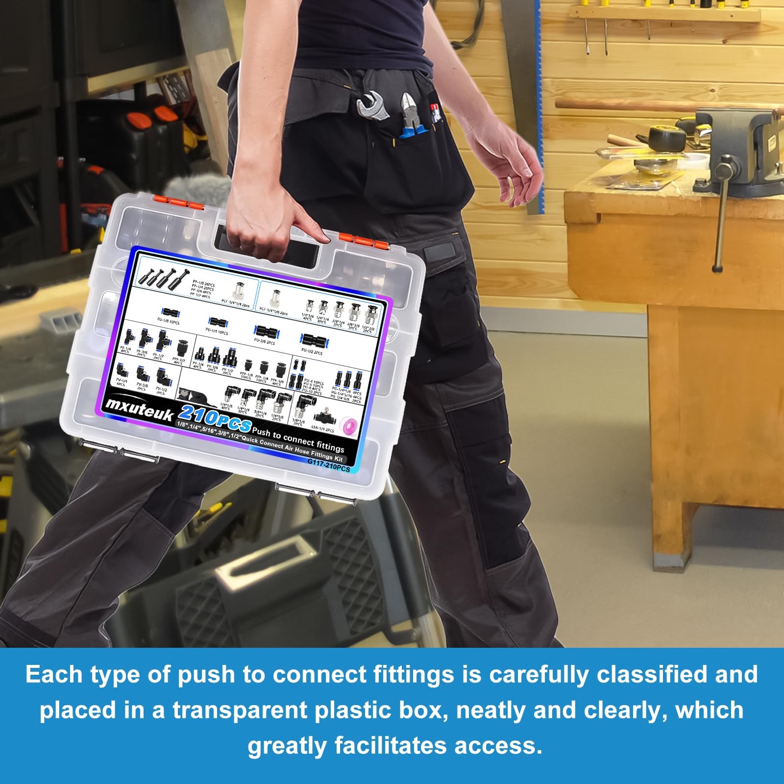 mxuteuk 210PCS Air Line Push-to-Connect Fittings Kit 1/8"-1/2" 4-10mm Blue