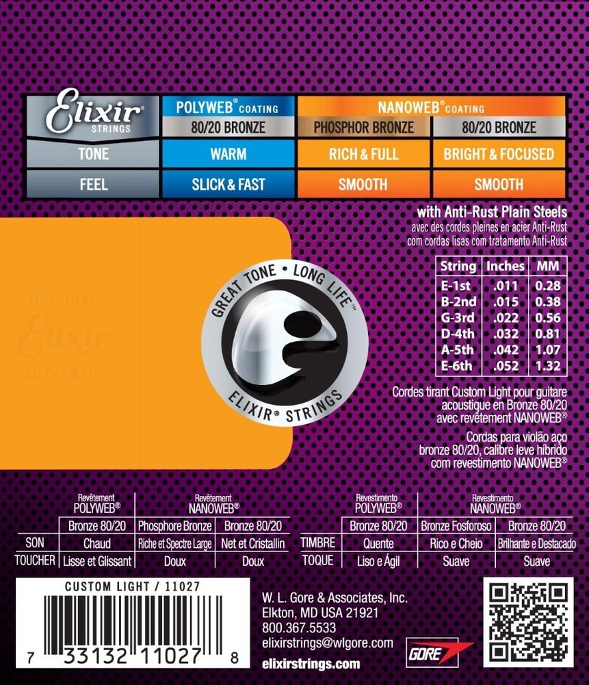 Elixir 80/20 Bronze Acoustic Guitar Strings NANOWEB Custom Light .011-.052