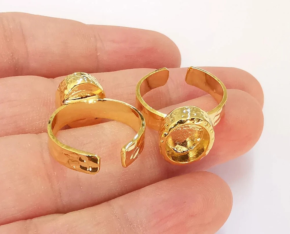 Gold Ring Blank Setting Cabochon Base Ring Hammered Mounting Adjustable Ring