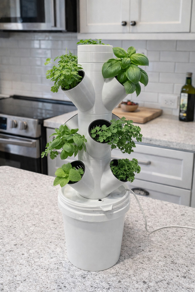 Mini Hydroponic Tower Garden, USB-Powered, Modular, 2in grow cups, kit