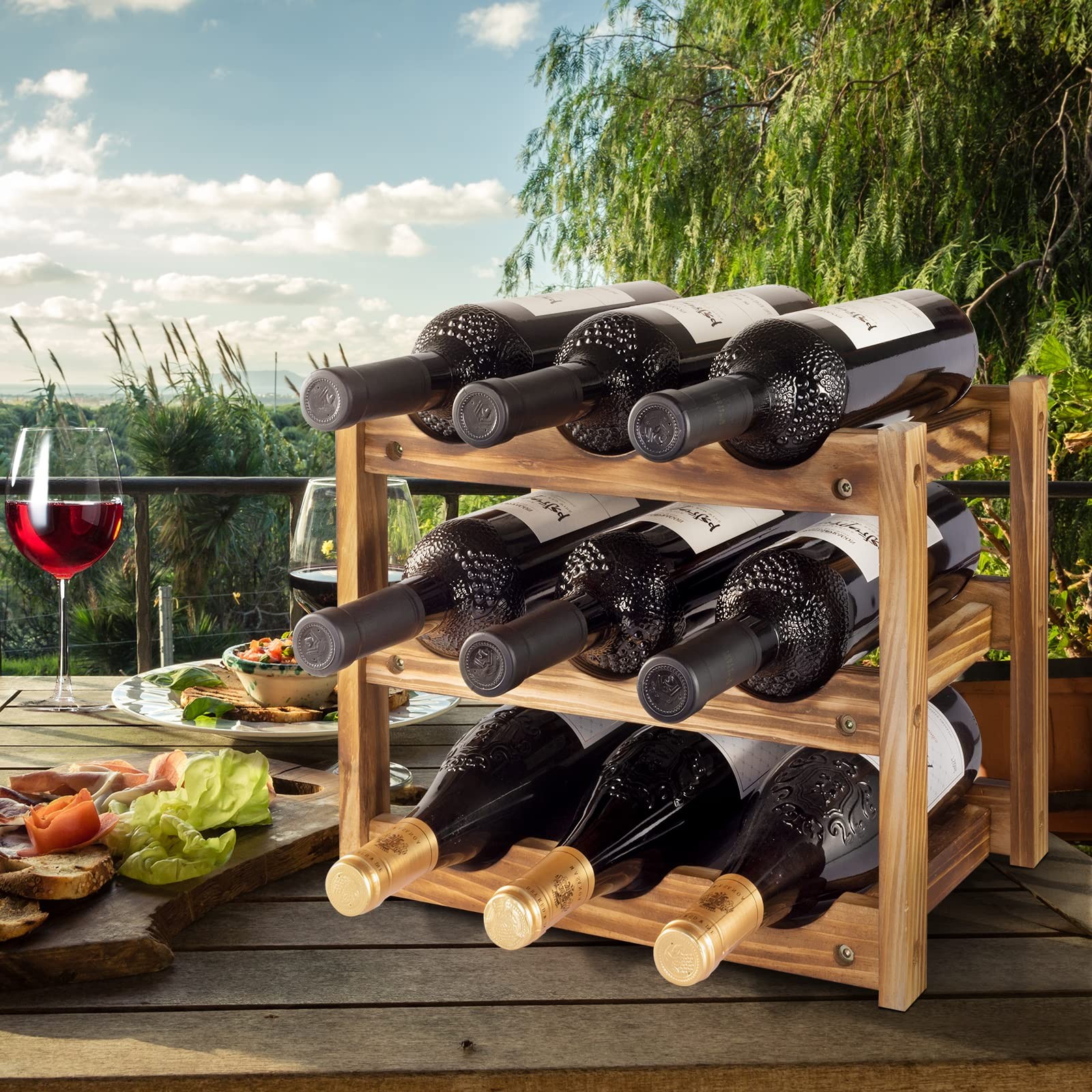 Wine Rack 9 Bottle 3-Tier Wood Wine Storage Easy-Assembly Space-Saving for Wine