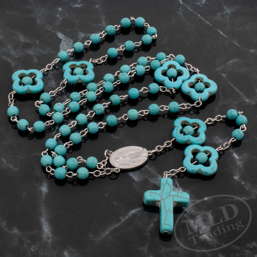 Turquoise Stone Bead Catholic Flower Rosary Necklace - 22" 7" Drop, Silver Chain