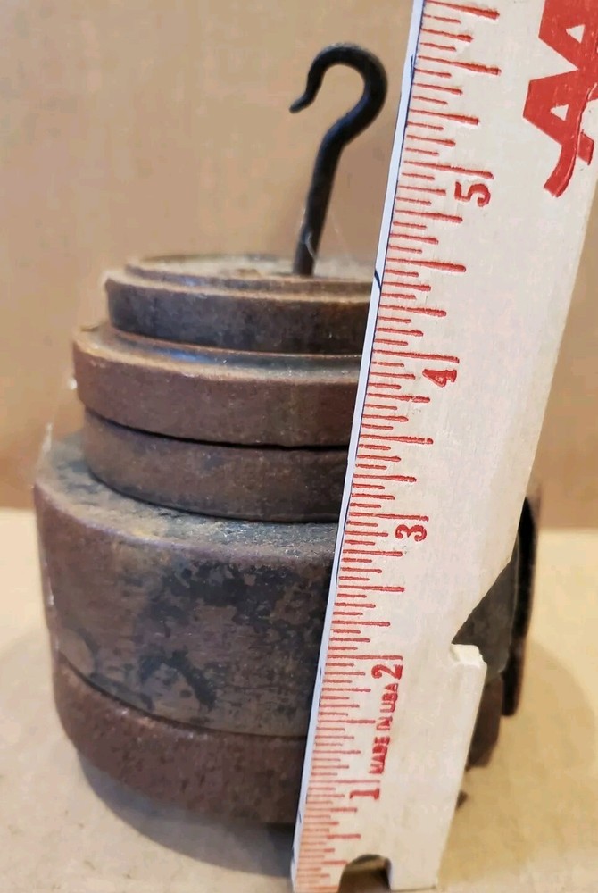 5 Vintage Rustic Cast Iron Platform Scale Weights & Hanger