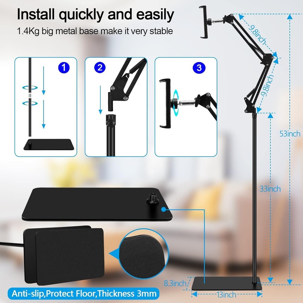 Sleek Black Tablet Floor Stand - Adjustable Height
