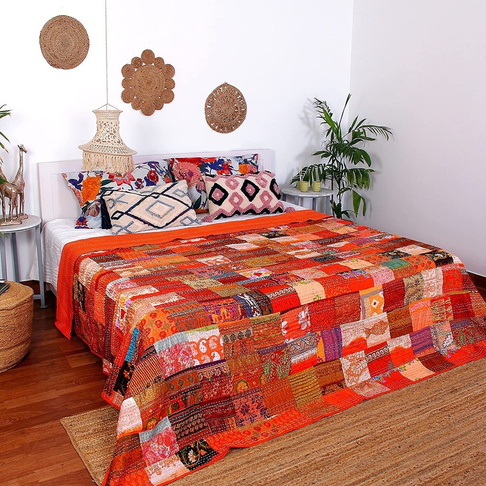 Blanket Multi Quilt Bedding Bedspread Kantha Patchwork Bed Cover Silk Throw