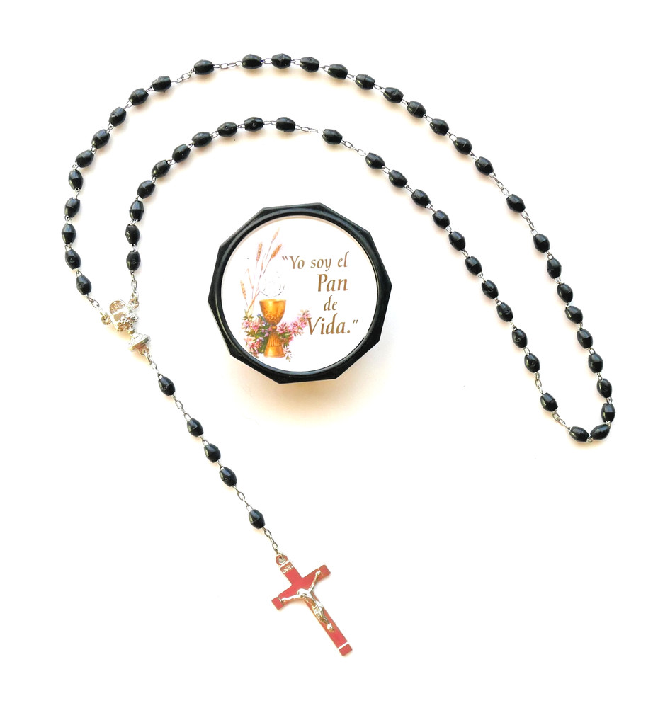 First Communion Black Beads Rosary - Yo Soy El Pan de Vida - Boys - (Spanish)