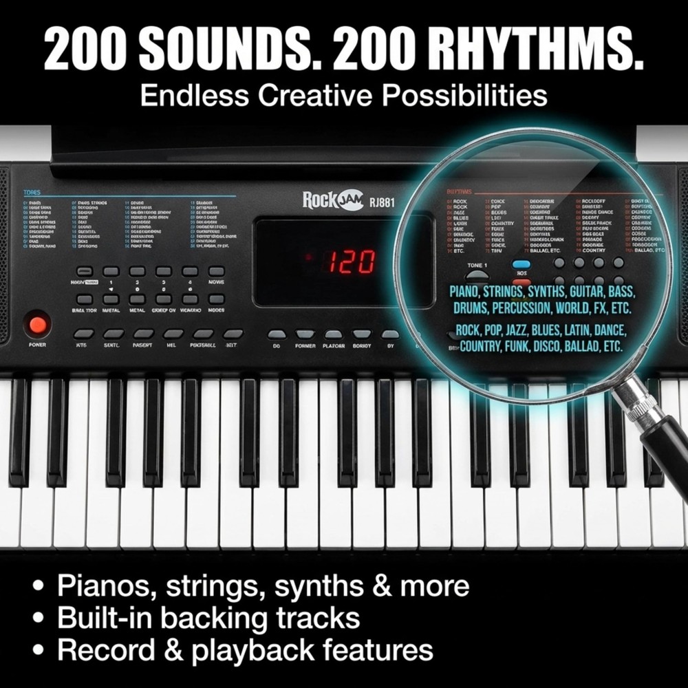 RockJam 61-Key Compact Keyboard Piano with LED Display, Compact, Black