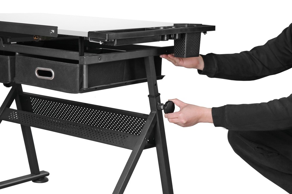 Adjustable Drafting Drawing Tiltable Table & Stool w/ 2 Drawers & Outlet White