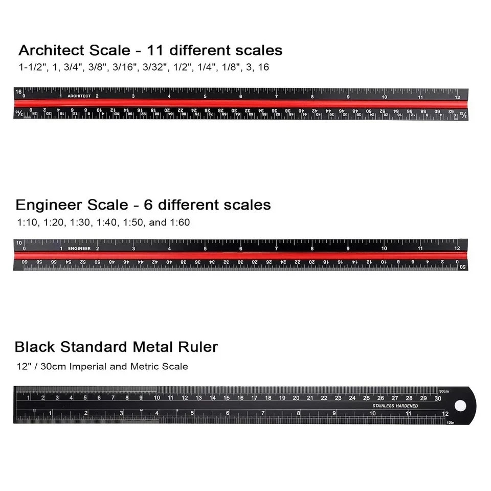 3 Pack 12 Inch Solid Aluminum Triangular Architect Scale Ruler Set, 3-Colo