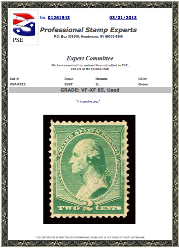 #213 Used PSE Graded 85, PSE Cert # 01261543