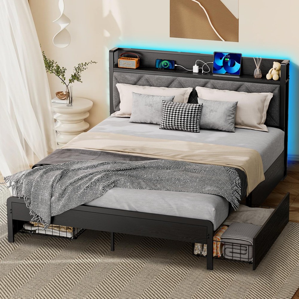 Bed Frame Full Size with Charging Station and Lights, Upholstered Storage Hea...