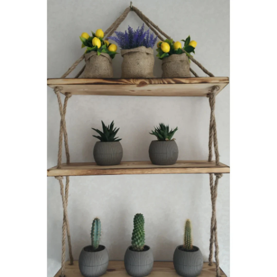 Hanging 3 Tier Rope Wall Window Planter Floating Shelves, Wood Bathroom Shelves