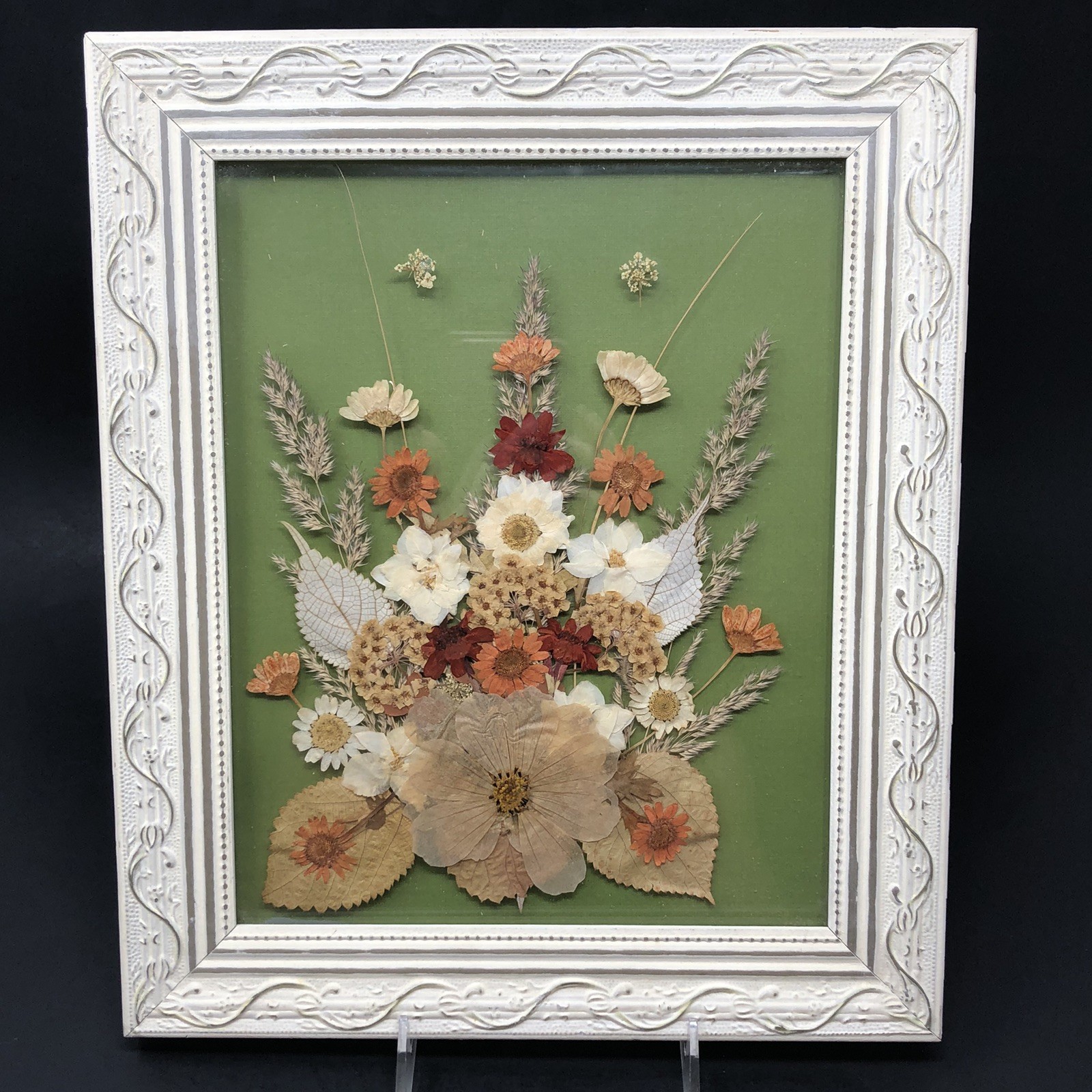 Framed Pressed Flowers Distressed Frame 10.5" x 12.5" Cottagecore Country Chic A