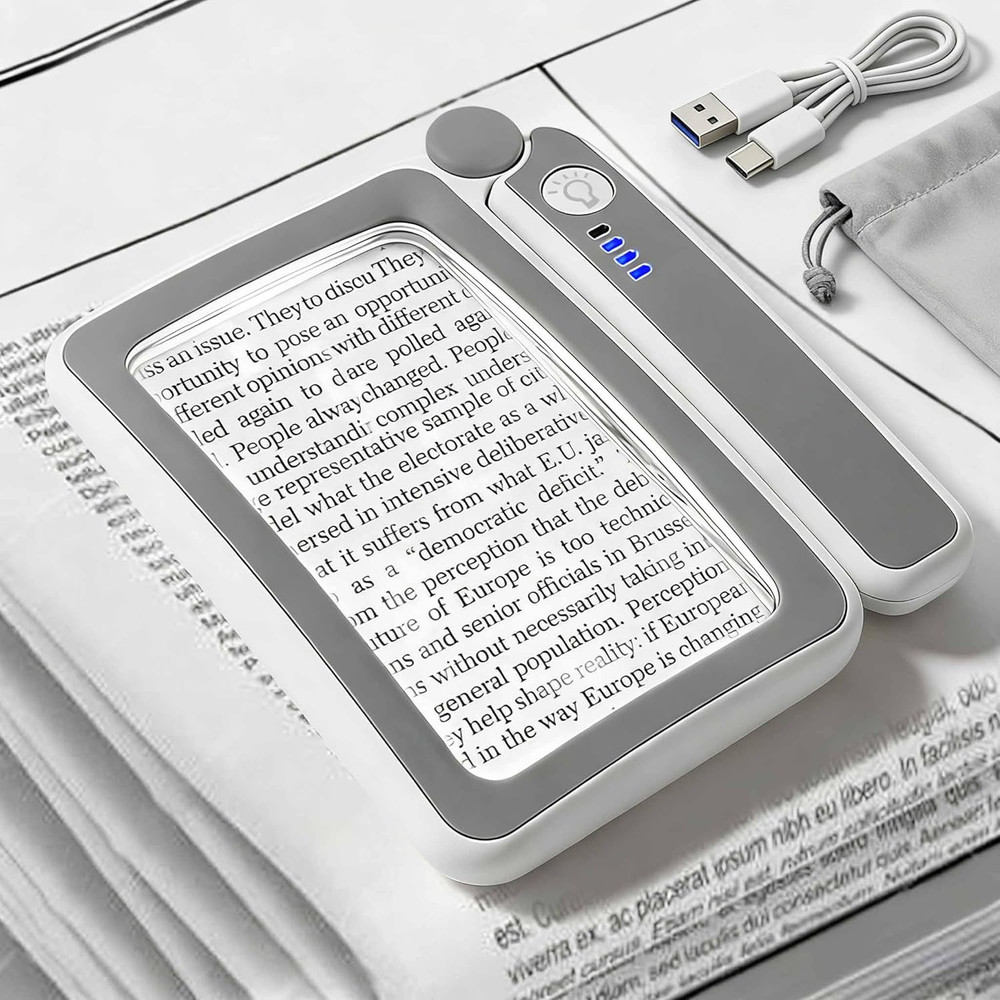 Rechargeable Magnifying Glass with Light, 5X Large Rectangular Page Magnifier, 1