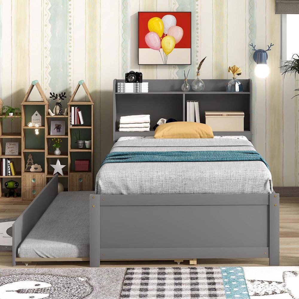 Space-Optimizing Design Twin Bed with Trundle and Bookcase Grey