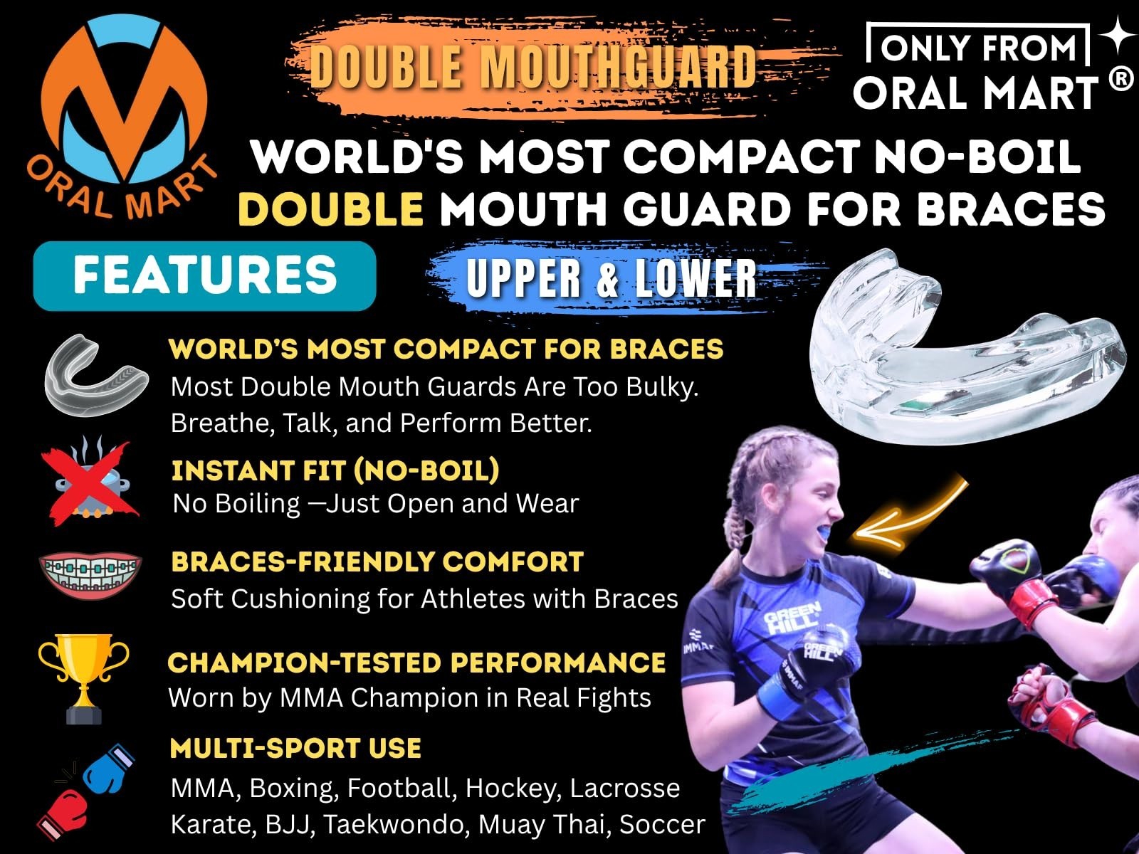 Oral Mart No-Boil (Upper & Lower) Double Mouth Guard for Braces (Pure Clear)