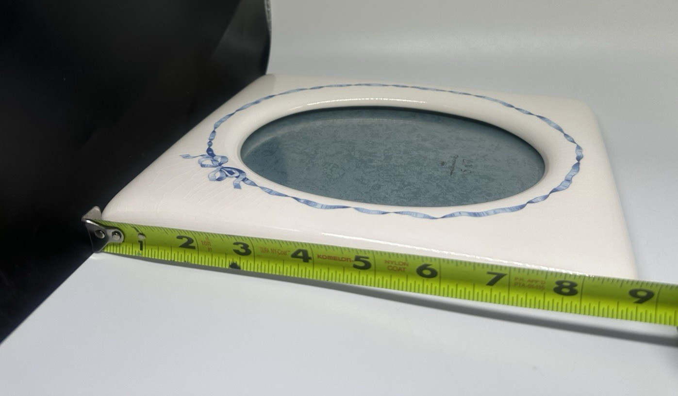 Vintage Hallmark White and Blue Ceramic Picture Frame Oval Fits 5x7 Blue Bow