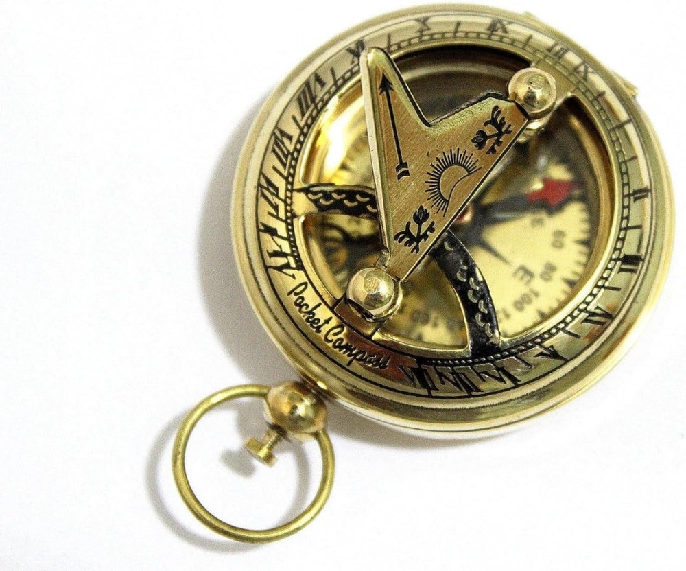 Brass Push Button Direction Sundial Compass - Pocket Sundial Compass Rustic V...