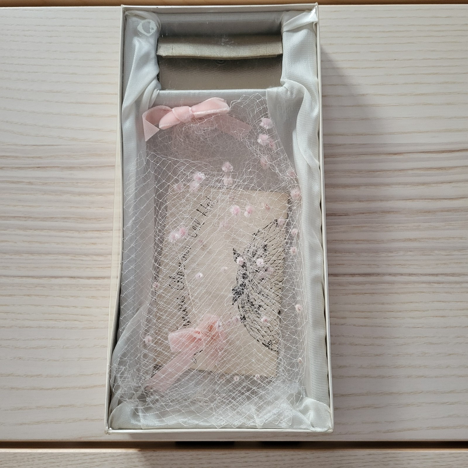 Vtg 1950s Pink Velvet Bow Birdcage Veil Net Hat Hair Piece + Key Holder with Box