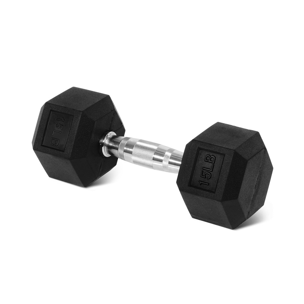 15LB Hex Rubber Dumbbells – Solid Cast Iron with Non-Slip Grip