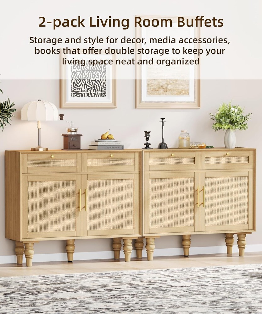 35.4" Rattan Buffet Sideboard Cabinet W/ Storage Boho Buffet Table W/ Adjustable