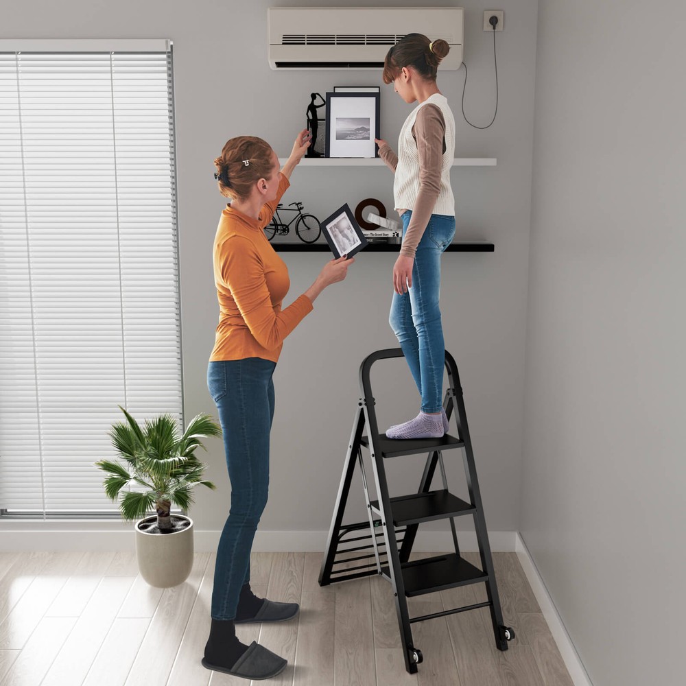 Multi-functional Dolly Cart Ladder 3-Step Ladder w/ Rubber Wheels, Handle