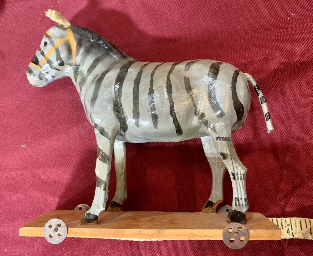Antique Paper Mache Zebra Pull Toy on Wheels
